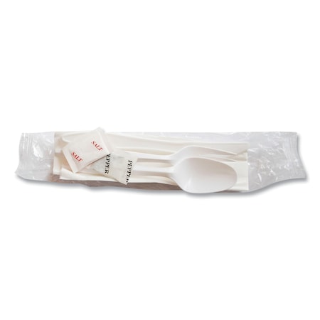 Mediumweight Cutlery Kit, Plastic Fork/Spoon/Knife/Salt/Pep/Napkin, White, PK250, 250PK